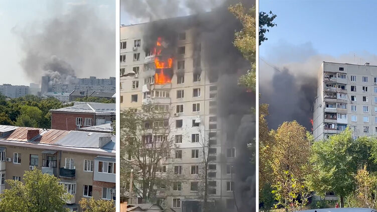 Висотка, що постраждала від бомби, в Харкові. Колаж 