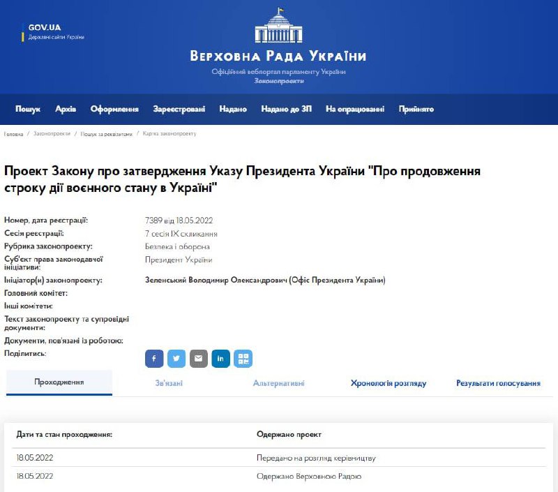 В Раде зарегистрировали проект закона о продолжении военного положения в Украине после 24 мая