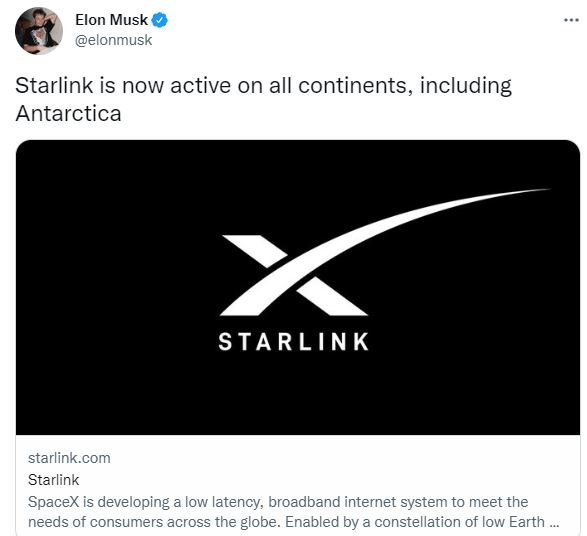Глава компании SpaceX Илон Маск сообщил о том, что спутниковый интернет SpaceX Starlink теперь доступен на всех континентах планеты Земля