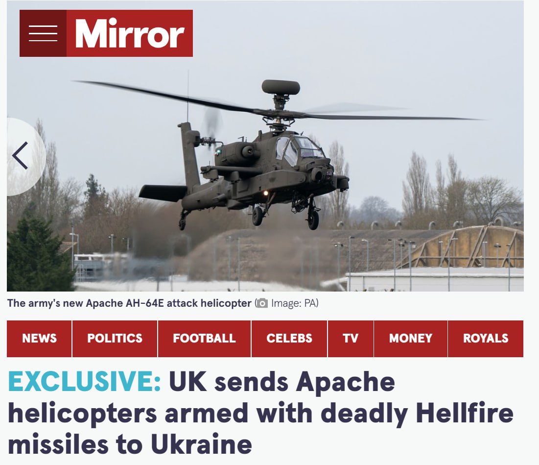 После танков Британия предоставит Украине четыре ударных вертолета Apache с ракетами Hellfire на борту