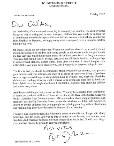 Премьер-министр Великобритании Борис Джонсон опубликовал письмо к украинским детям