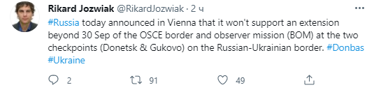 РФ не хочет продлевать миссию ОБСЕ на границе в Украиной. Скриншот из твиттера