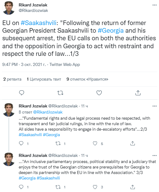 ЕС отреагировал на арест Саакашвили. Скриншот из твиттера Рикарда Йозвяка