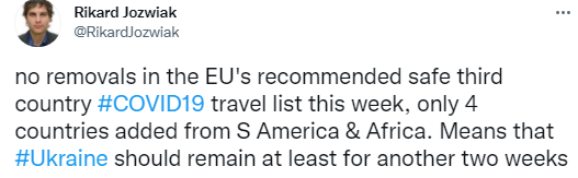 Украина пока остается в зеленом списке ЕС. Скриншот из твиттера журналиста Йозвяка
