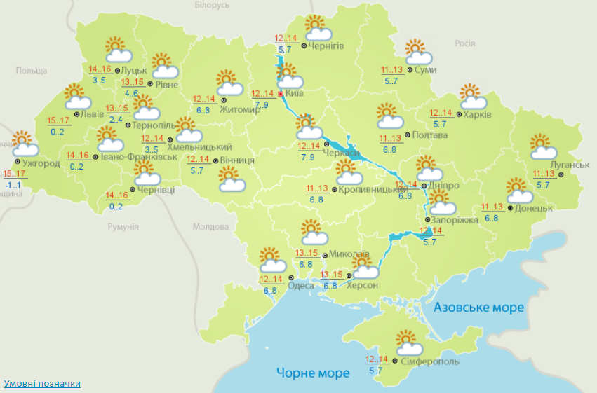 В Украине сегодня будет тепло и сухо. Скриншот из Укргидрометцентра