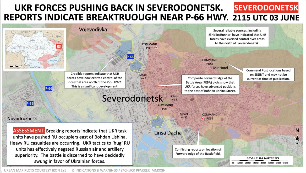 Американский военный журналист Чак Пфаррер публикует карту о ситуации в Северодонецке.
