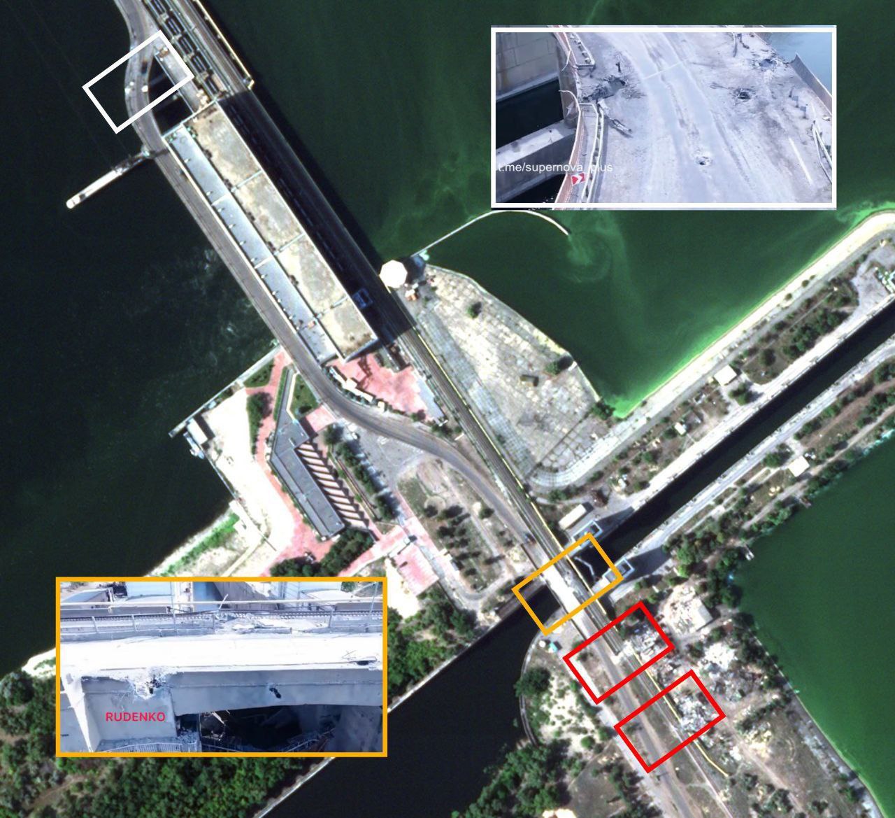 Спутниковый снимок моста в Новой Каховке в Херсоне за 13 августа