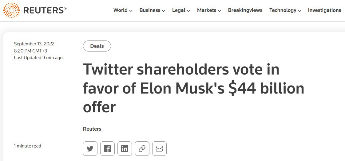Издание Reuters сообщило о том, что акционеры Twitter одобрили сделку по продаже компании предпринимателю Илону Маску