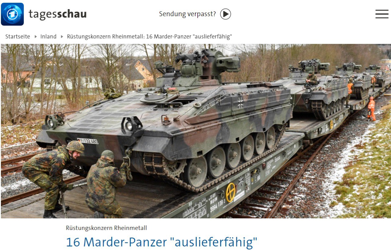 Издание Тagesschau пишет, что немецкая компания Rheinmetall отремонтировала 16 БПМ Marder для Украины, однако не может получить лицензии на их отправку