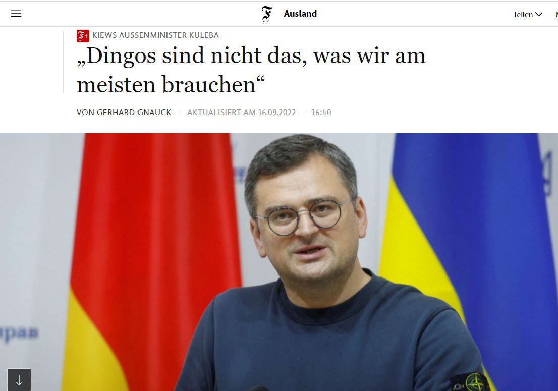 Газета Frankfurter Allgemeine Zeitung пишет о том, что глава МИД Украины раскритиковал правительство Германии за то, что оно продолжает воздерживаться от поставок танков и бронетранспортеров Украине