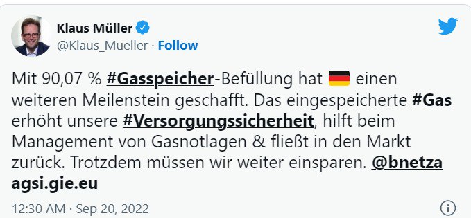 Клаус Мюллер заявил о том, что газохранилища Германии заполнены более чем на 90%