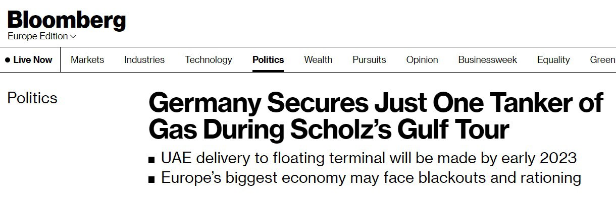 Bloomberg сообщает о том, что Канцлер Германии Олаф Шольц договорился всего об одной партии сжиженного природного газа из Объединенных Арабских Эмиратов