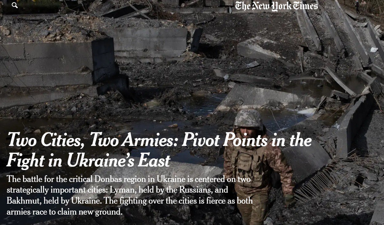 The New York Times опубликовала репортаж из Лимана и Бахмута. Издание пишет, что бои идут ожесточенно, поскольку обе армии стремятся занять новые земли до наступления зимы