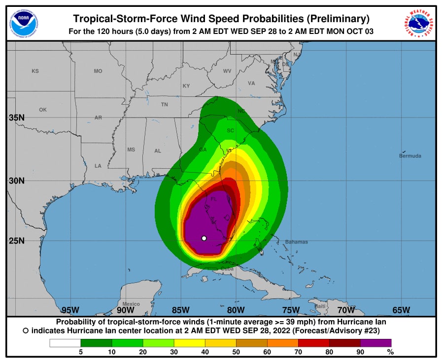 Washington Post сообщает о том, что ураган "Иан", который достиг самой опасной, пятой категории, но позднее ослаб до второй, может вызвать наводнение