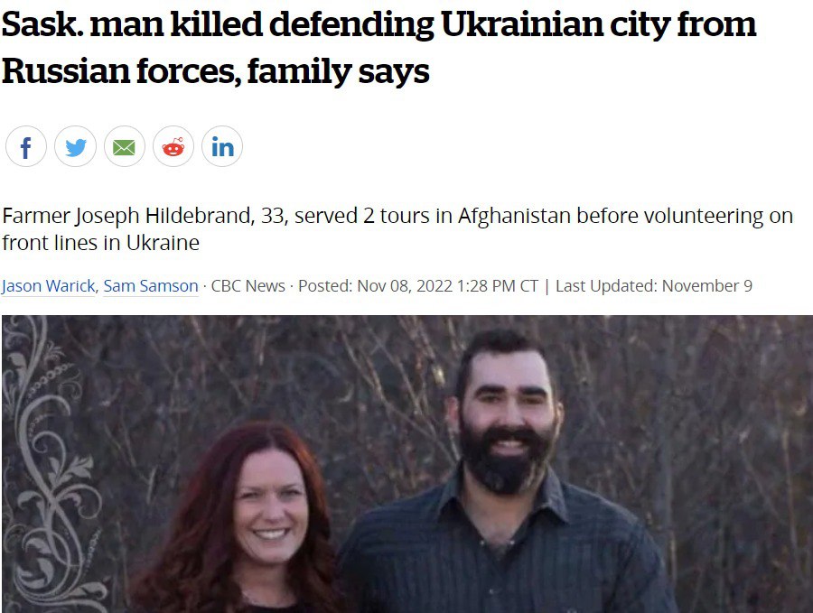 В CBC News сообщили о том, что под Бахмутом Донецкой области погиб канадский доброволец Джозеф Хильдебранд