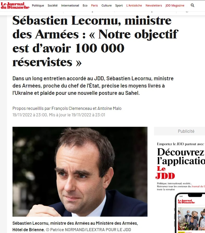 В интервью газете Journal du Dimanche, министр обороны Франции Себастьян Лекорню сделал несколько примечательных заявлений по украинской теме