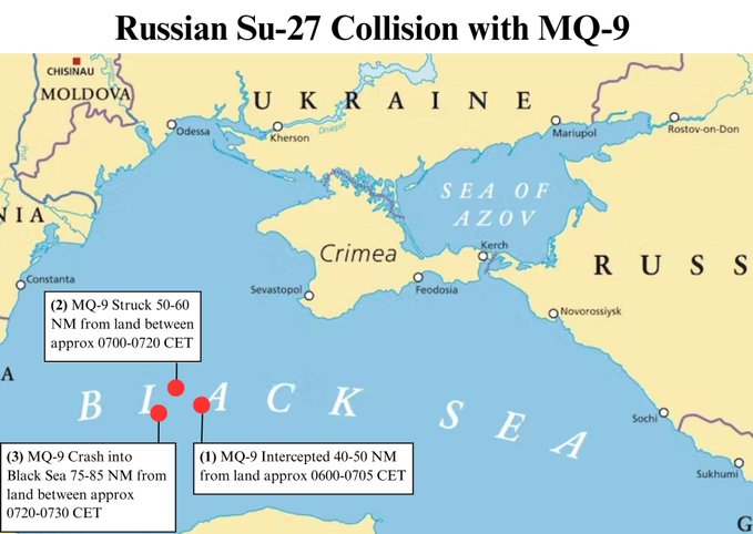 Карта места падения американского беспилотника в Черном море
