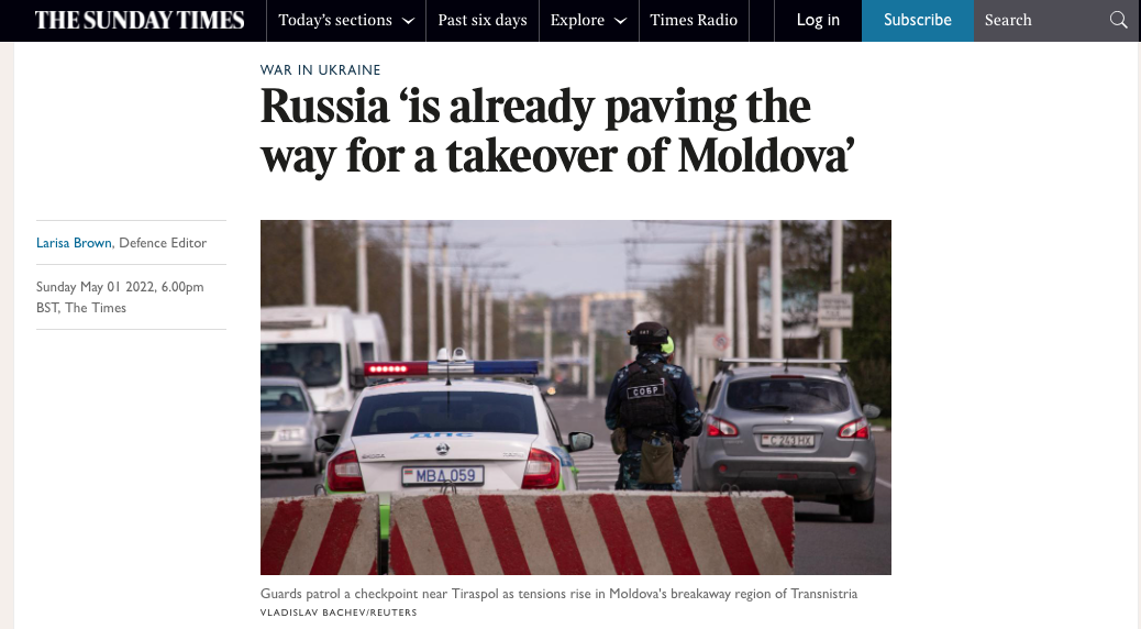 Россия может попытаться открыть второй фронт против Украины из Молдовы. Существует "ряд индикаторов", которые свидетельствуют о подготовке РФ к захвату Молдовы.  Об этом пишет The Sunday Times со ссылкой на украинские военные источники