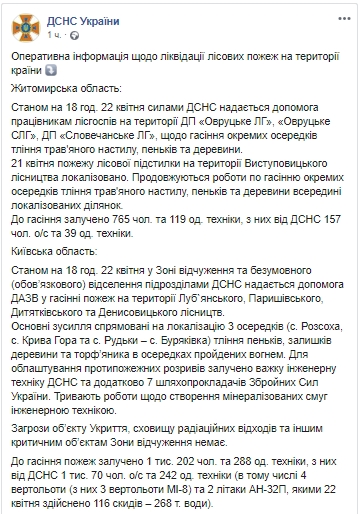 В Житомирской и Киевской области продолжают ликвидировать лесные пожары. Скриншот: Facebook/ ГСЧС 