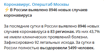 Коронавирус в России на 25 мая. Скриншот: t.me/COVID2019_official