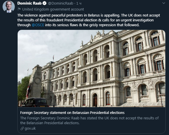Великобритания не признает результаты выборов в Беларуси. Скриншот Твиттера Рааба