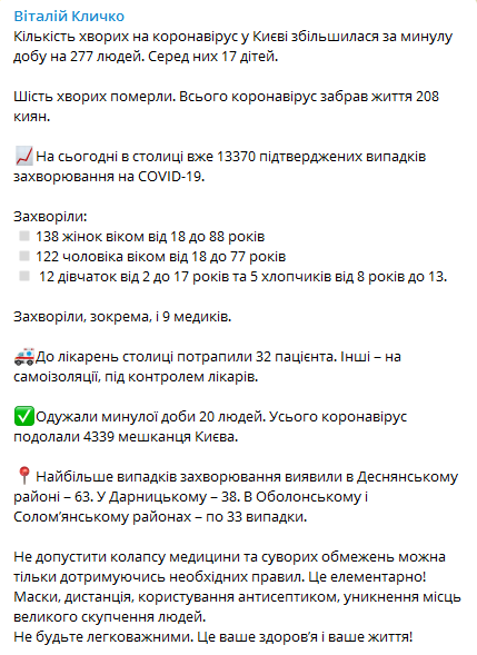 Коронавирус в Киеве на 31 августа. Скриншот Телеграм-канала Виталия Кличко