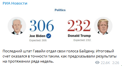Итоги голосования выборщиков. Скриншот телеграм-канала РИА Новости