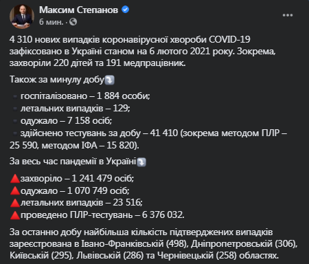 Коронавирус в Украине на 6 февраля. Скриншот фейсбук-сообщения Степанова