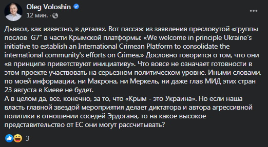 Волошин о заявлении группы послов  G7 по Крымской платформе. Скриншот фейсбук-сообщения