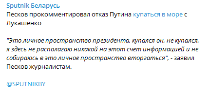 Песков - о купании Путина. Скриншот телеграм-канла