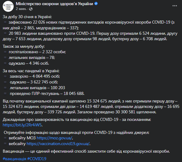 Коронавирус в Украине 31 января. Скриншот сообщения МОЗ