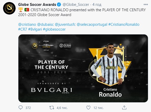 Пост Globe Soccer Awards в Твиттер