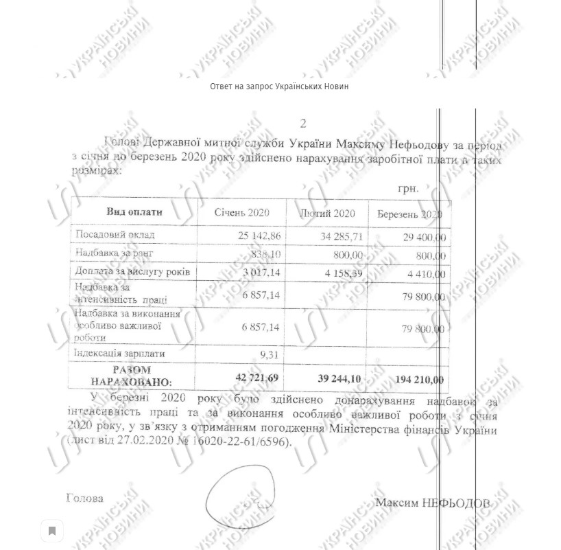 Ответ на запрос УН про зарплату главы Таможни/ukranews.com