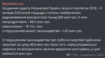 Пост Василевской в Телеграме