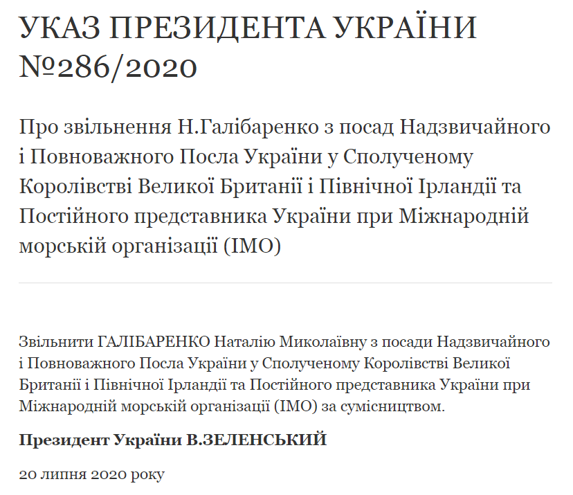 Указ об увольнении Натальи Галибаренко 