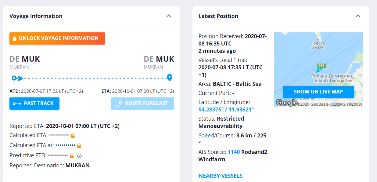 Скриншот с портала Marine Traffic