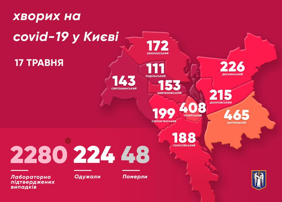 Карта заражения коронавирусом по районам Киева. Фото: facebook.com/Vitaliy.Klychko
