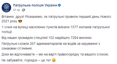 За первый день 2021 года выписали 267 штрафов. Скриншот: facebook.com/patrolpolice.gov.ua