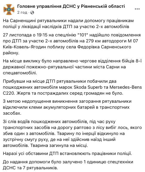 В Ровенской области лось спровоцировал ДТП. Скриншот: facebook.com/dsns.rivne