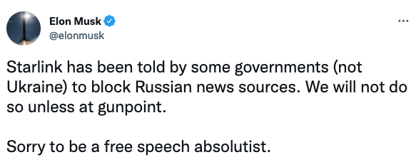 Илон Маск отказался блокировать российские СМИ на Starlink. Скриншот