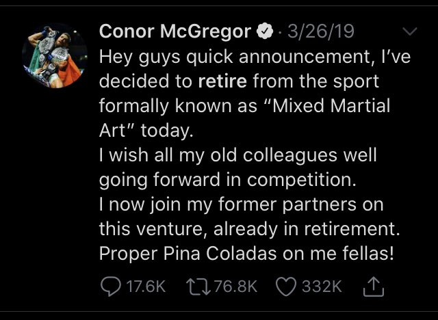Второе заявление Конора Макгрегора о завершении карьеры. Скриншот: Твиттер