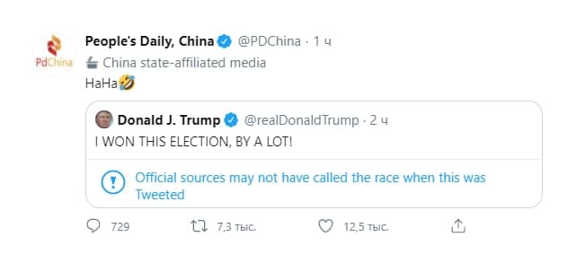 Официальный рупор Компартии Китая посмеялся над словами Трампа о его победе на выборах президента США. Скриншот: Твиттер