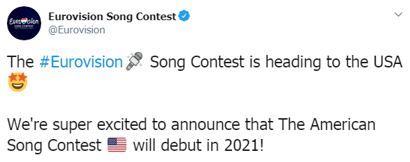 Организаторы "Евровидения" готовятся запустить новый песенный конкурс в США. Скриншот: Евровидение в Твиттер