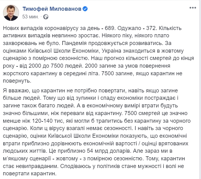 Милованов против карантина. Скриншот: Facebook/ Тимофей Милованов