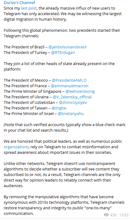Дуров о политических лидерах в Телеграм. Скриншот https://t.me/durov