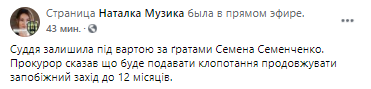 Семена Семенченко оставили под стражей. Скриншот из фейсбука Наталки Музыки