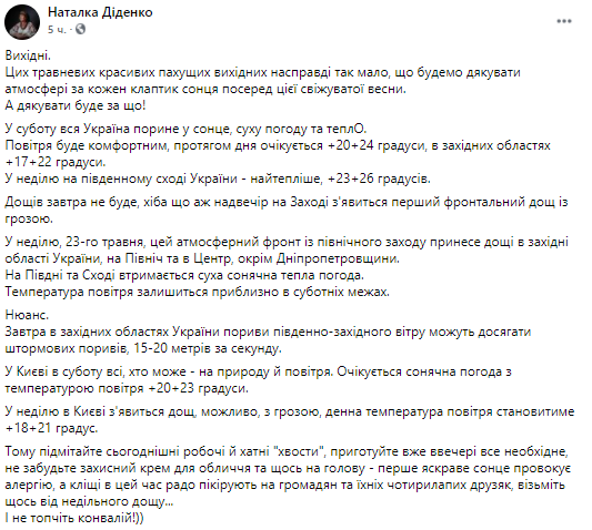 Прогноз погоды в Украине. Скриншот из фейсбука  синоптика Наталь Диденко.