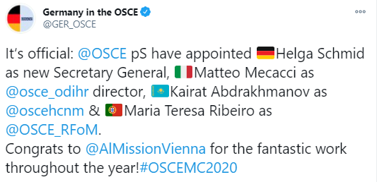 У ОБСЕ новый генеральный секретарь. Скриншот : https://twitter.com/GER_OSCE