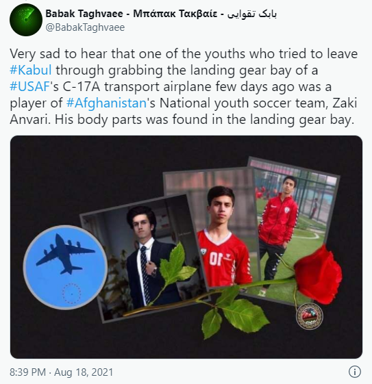 Погибшим в самолете оказался футболист Афганистана Заки. Скриншот из твиттера журналиста Бабака Тагвая