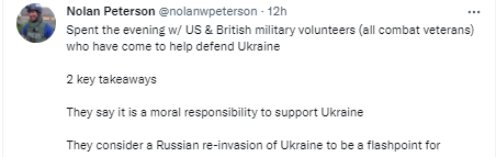 Американский журналист рассказал, чтов Украину приехали добровольцы. Скриншот из твиттера